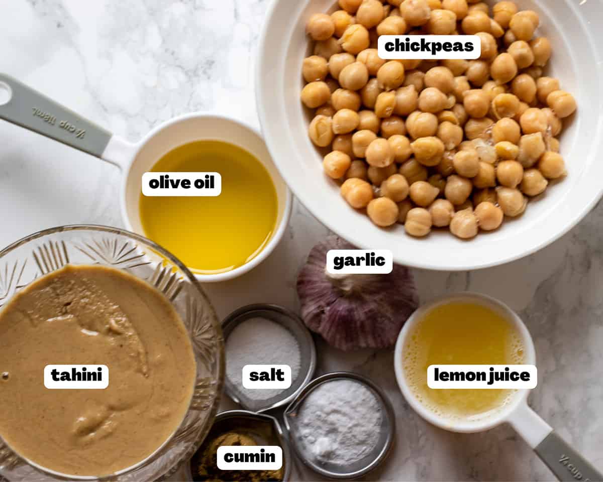 Labelled picture of ingredients for Mediterranean hummus dip