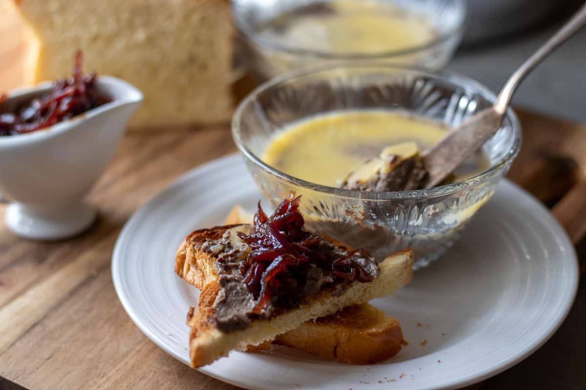 Chicken liver pate served on a slice of brioche with red onion marmalade