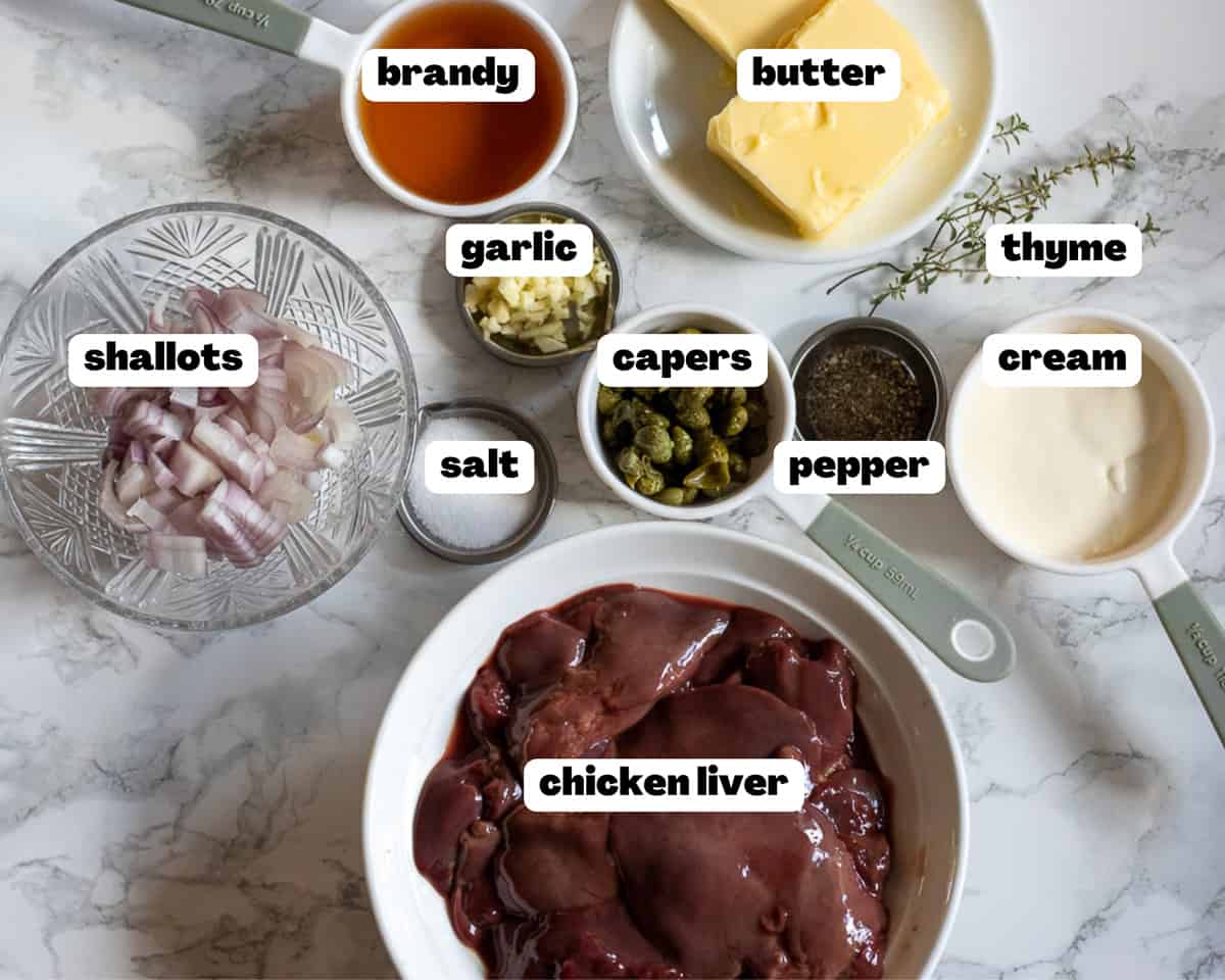 Labelled picture of ingredients for chicken liver parfait
