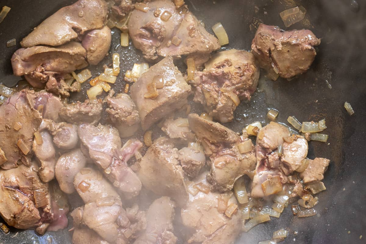 Browning the chicken livers on high heat