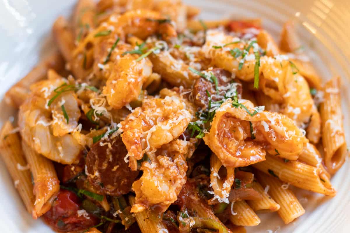 spicy chorizo and prawn pasta dish