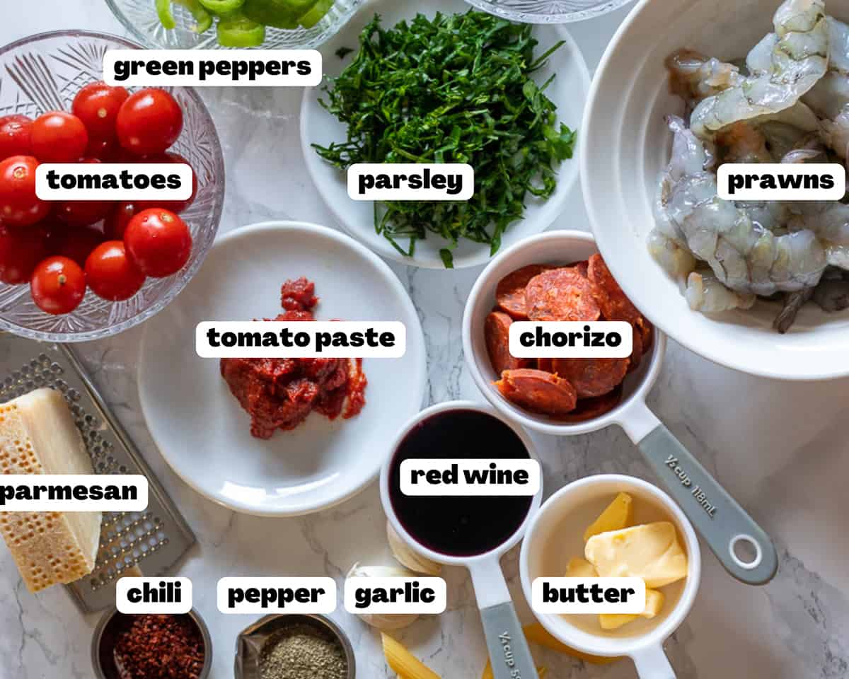 Labelled picture of ingredients for chorizo and prawn pasta