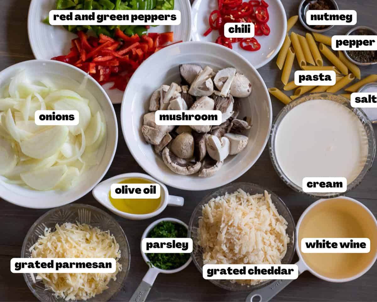 Labelled picture of ingredients for spicy meatball pasta sauce