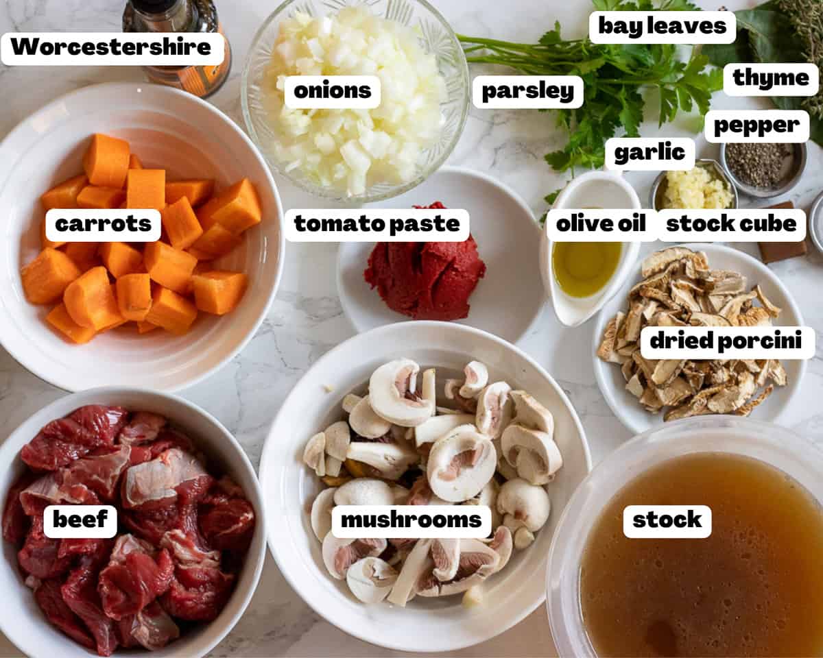 Labelled picture of ingredients for steak pie