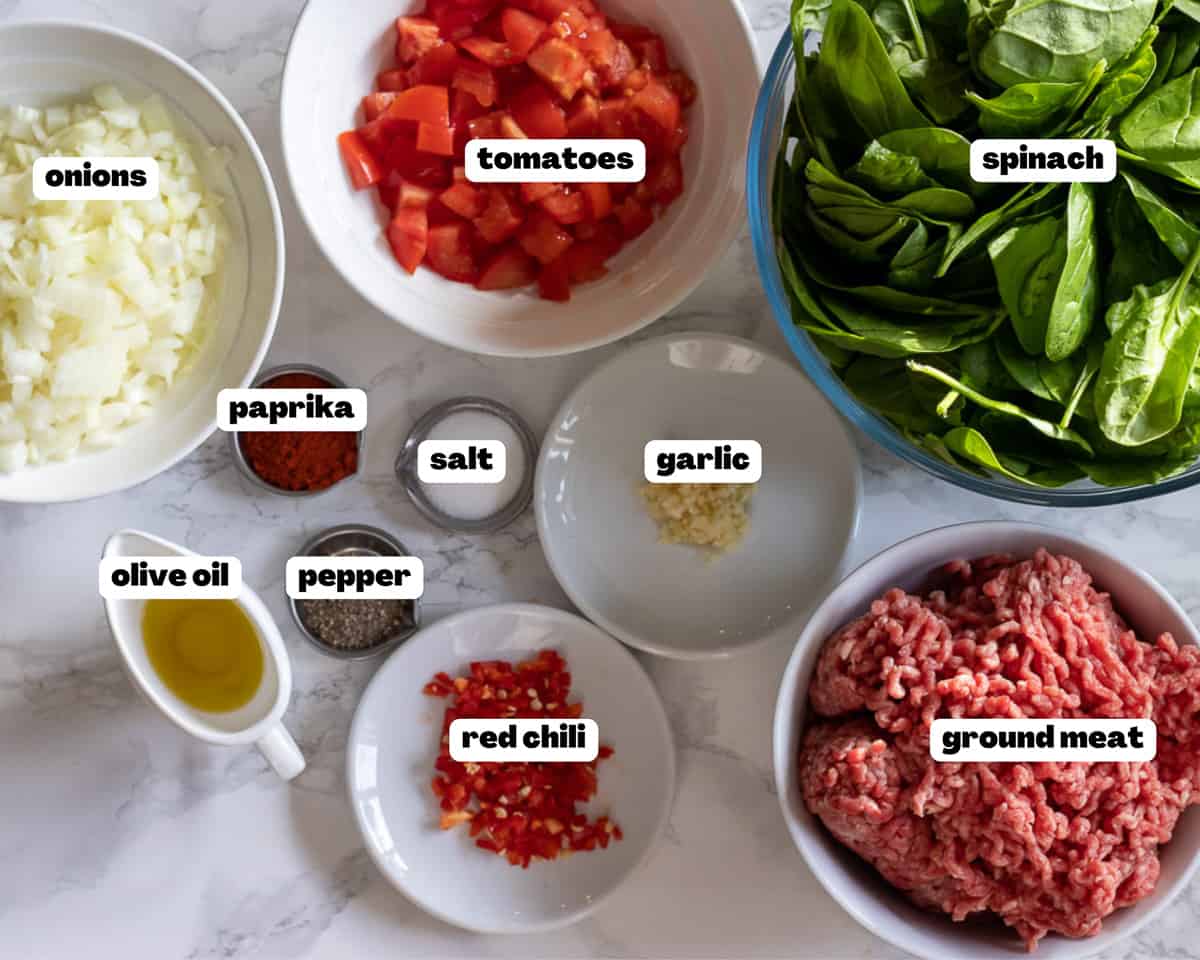 Labelled picture of ingredients for phyllo meat pie (Egyptian goulash) filling