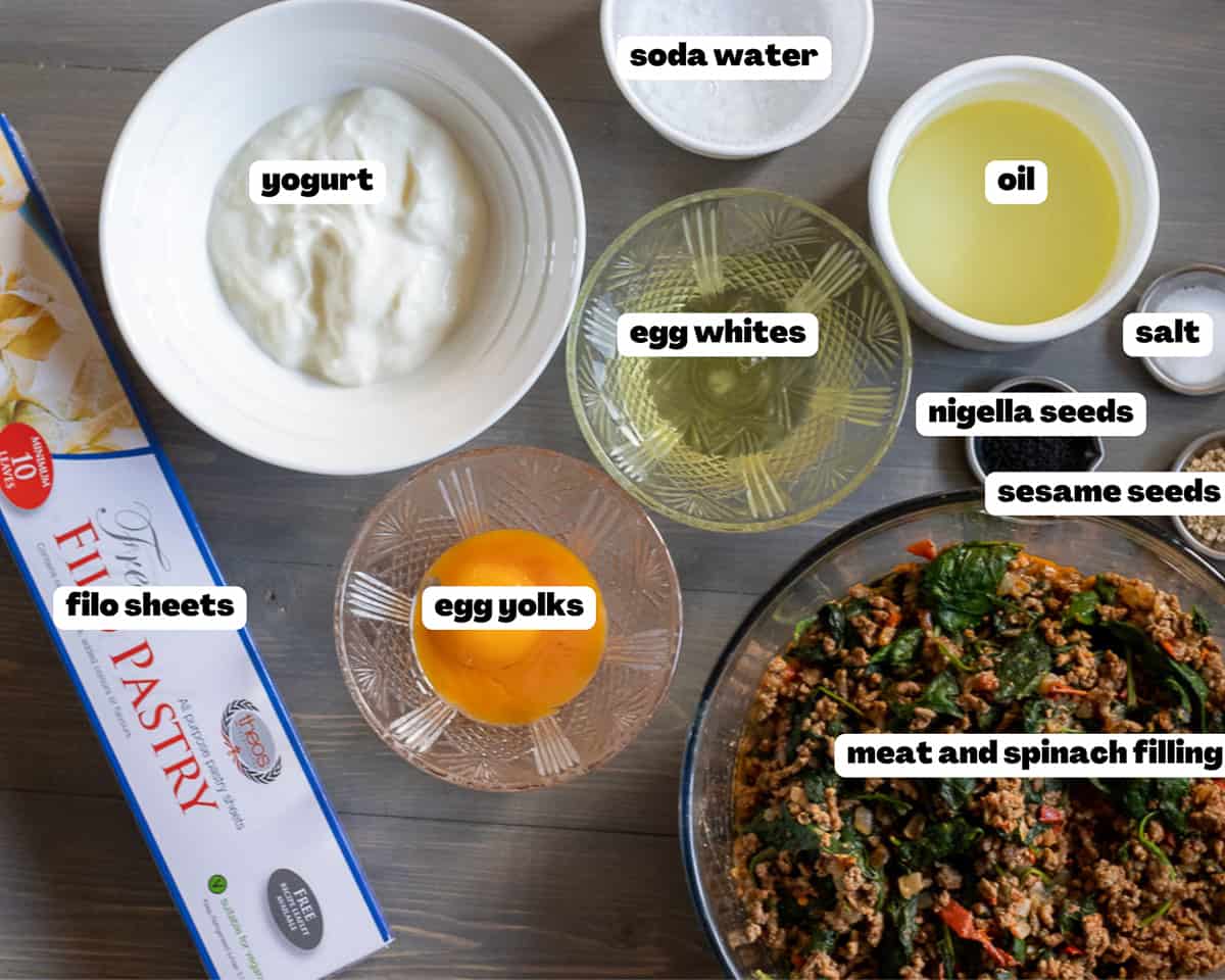 Labelled picture of ingredients for phyllo meat pie - Egyptian goulash 