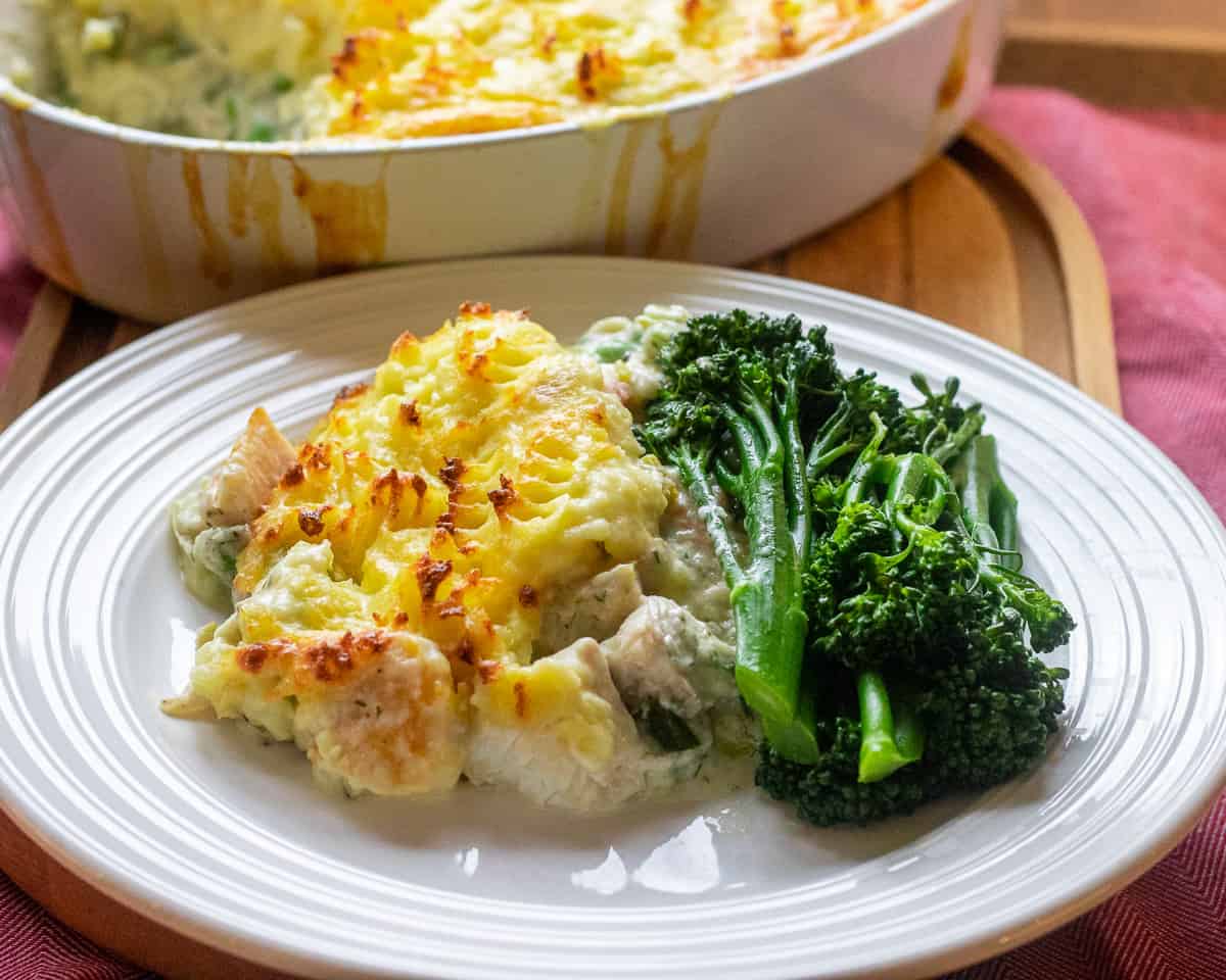 easy fish pie with leeks served with steamed greens 