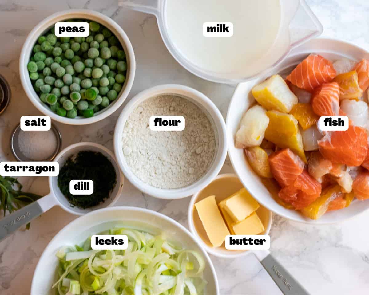 Labelled picture of ingredients for fish pie