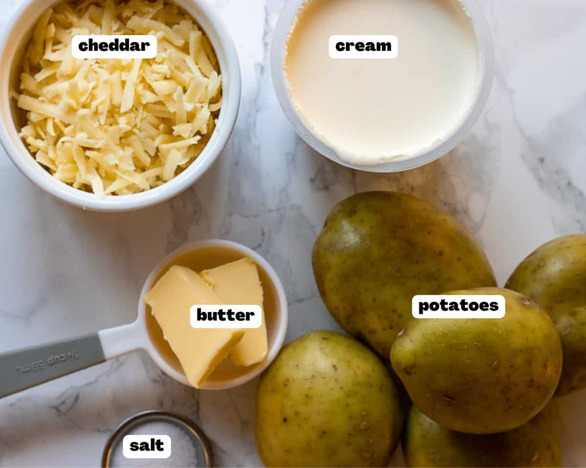 Labelled picture of ingredients for potatoes mash topping for fish pie