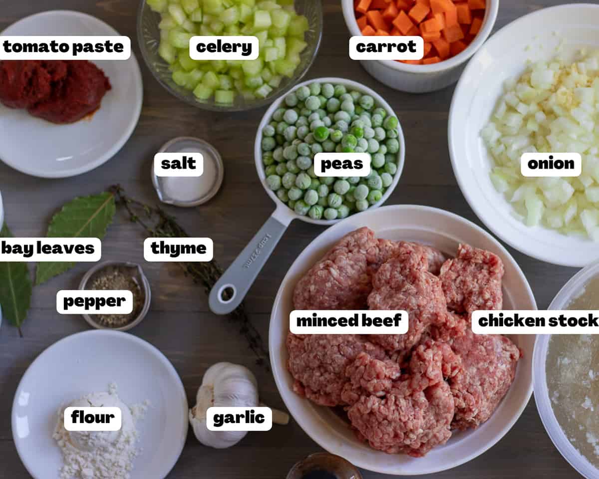 labelled picture of ingredients for cottage pie