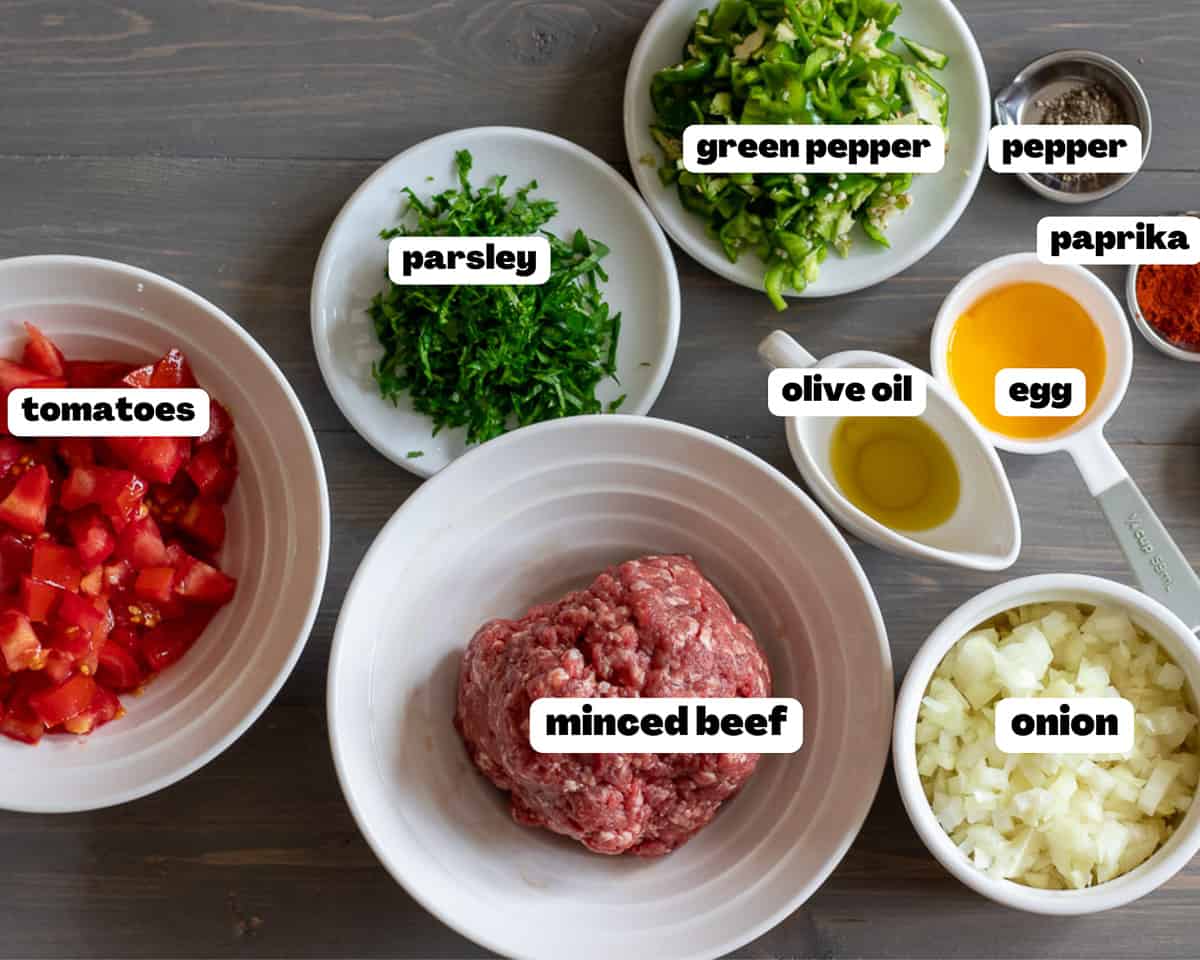 labeled picture of ingredients for minced beef pie