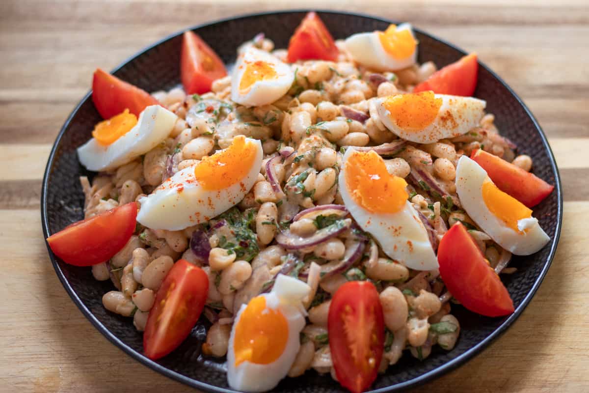 Piyaz (Turkish white bean salad ) served with boiled eggs