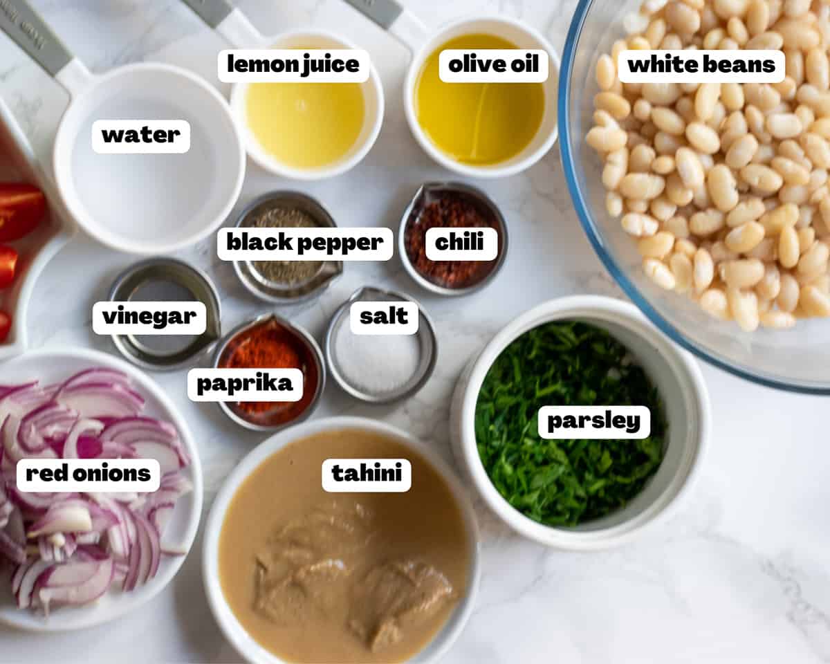 Labelled picture of ingredients for piyaz salad