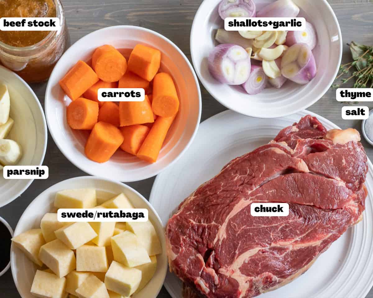 Labelled picture of ingredients for chuck roast in oven