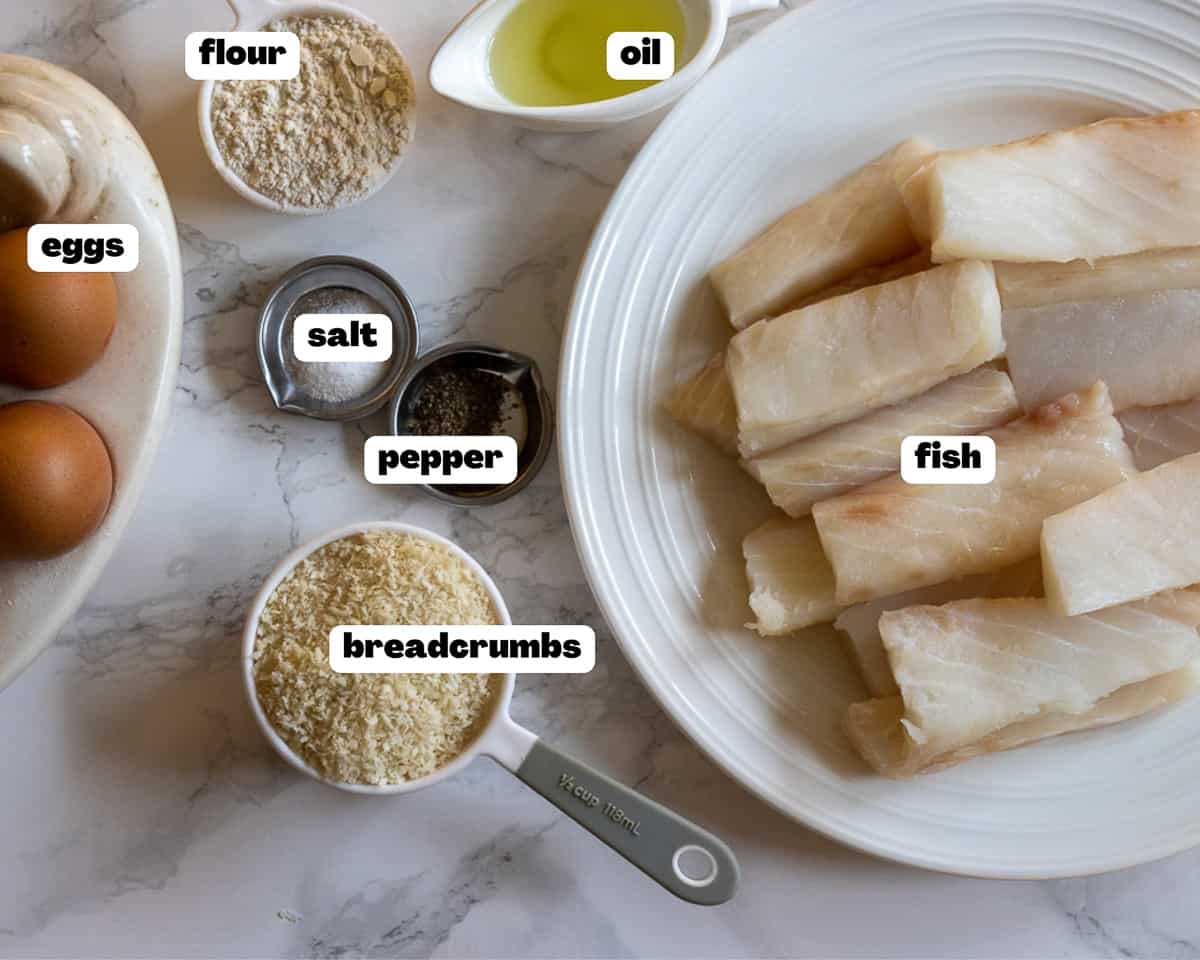 Labelled picture of ingredients for fish sticks in air fryer
