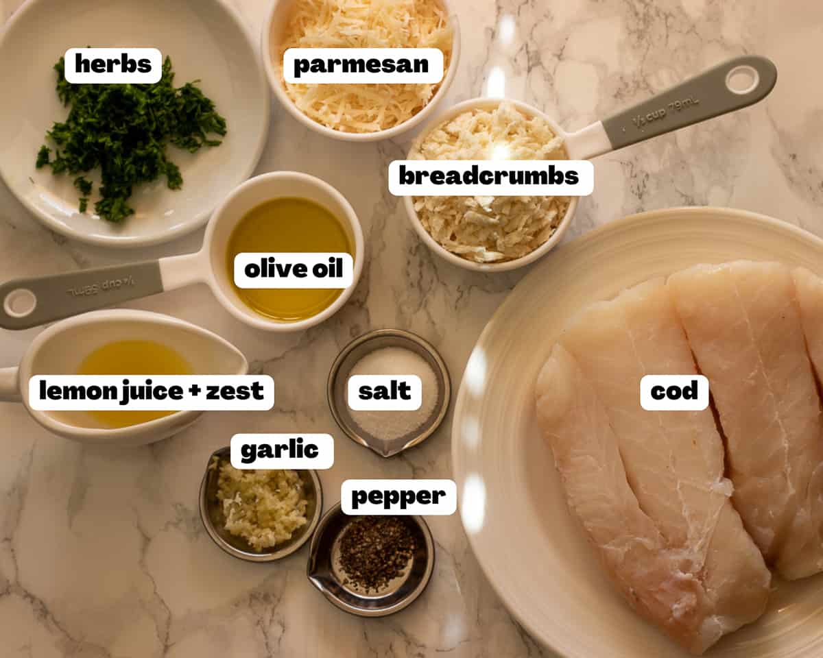 Labelled picture of ingredients for baked cod with panko