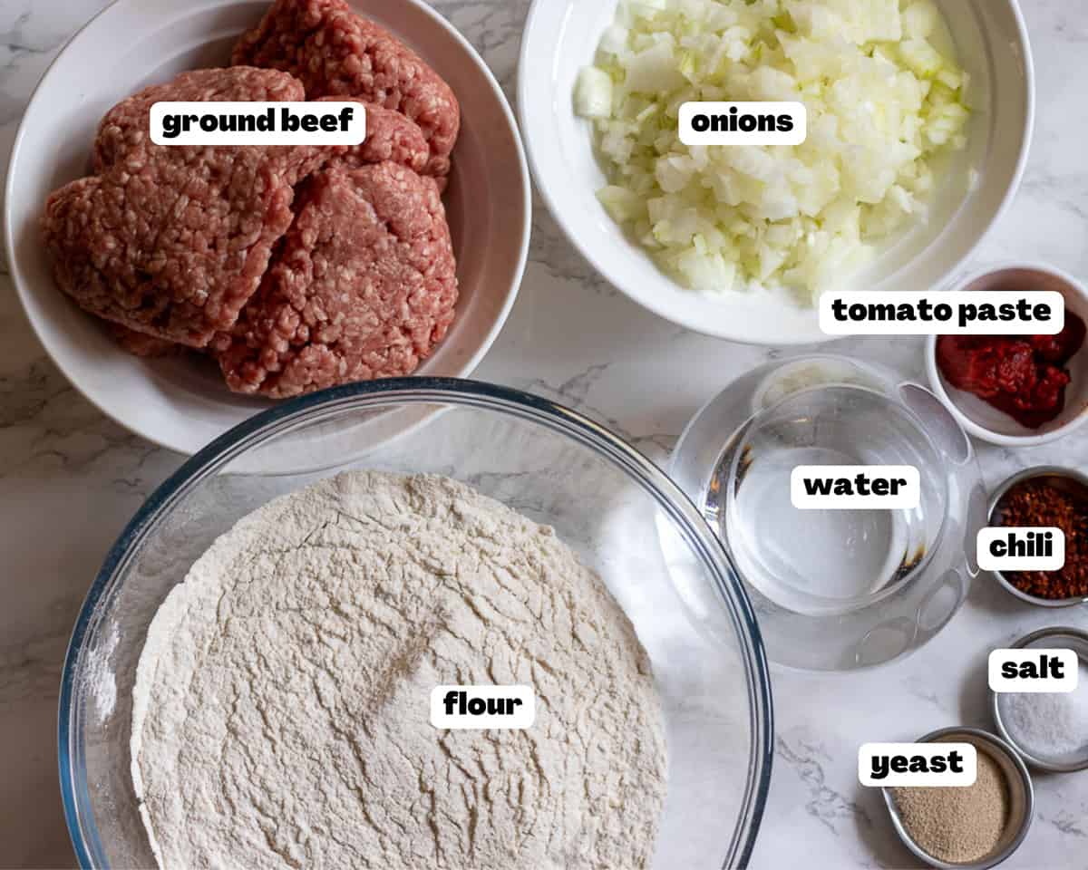 labelled picture of ingredients for Karadeniz Pidesi