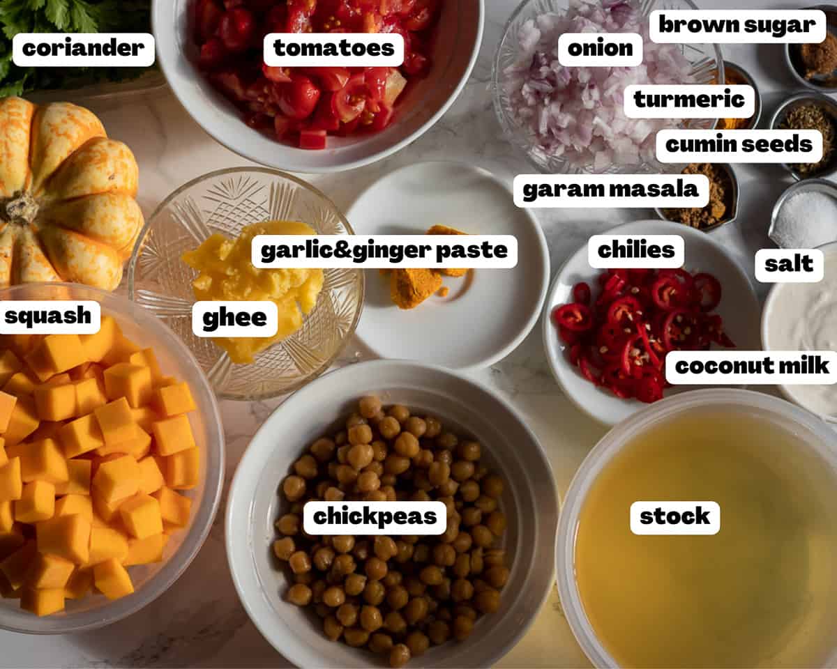 labelled picture of ingredients for butternut squash curry