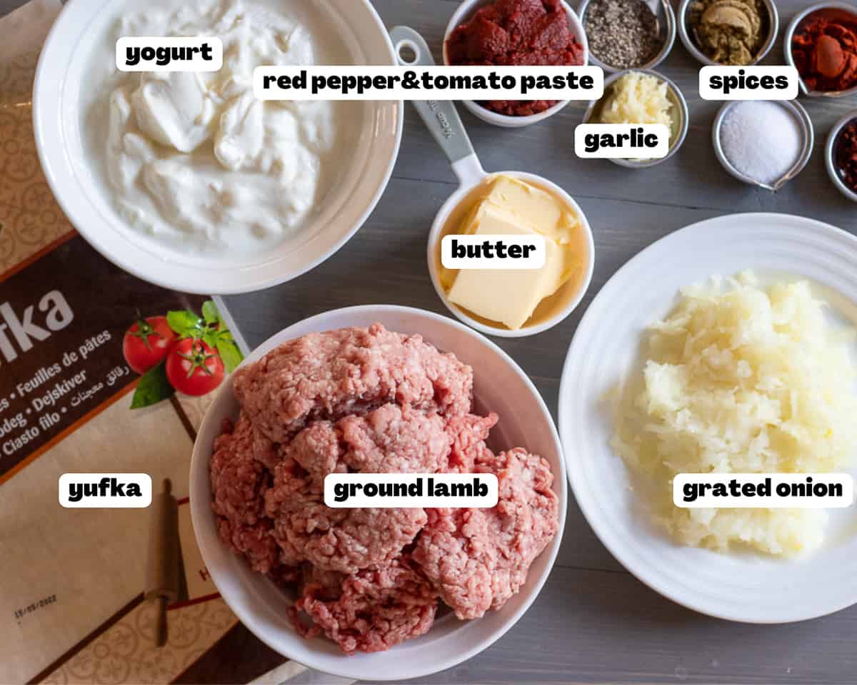 Labelled picture of ingredients for beyti kebab