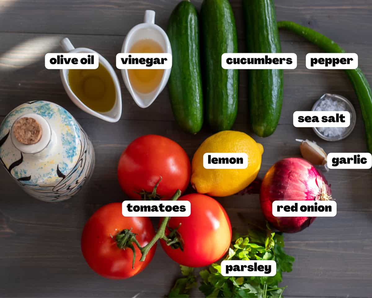 labeled picture of ingredients for Coban Salatasi (Turkish Shepherd's Salad) 