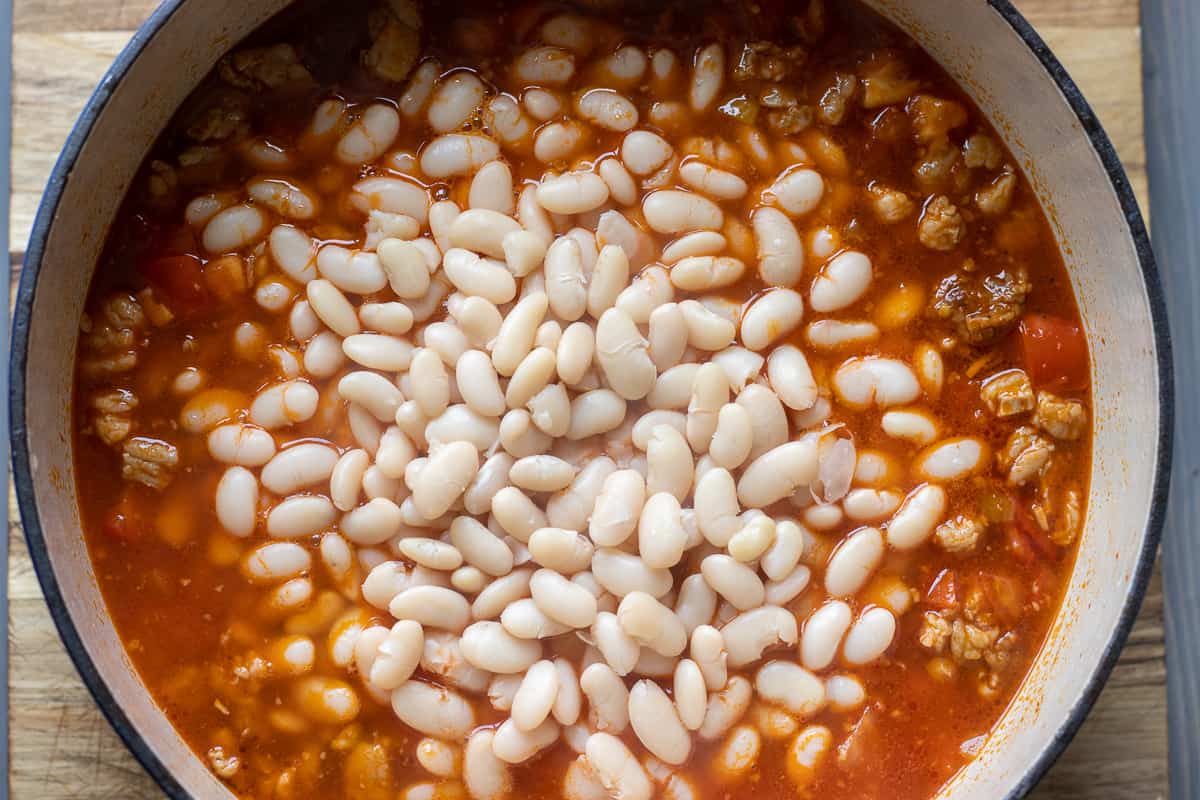beans are added to the pan