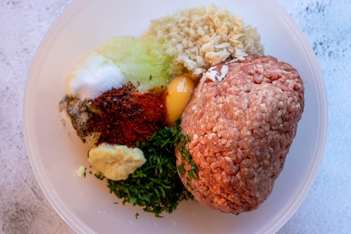 Kofte ingredients are placed in a bowl