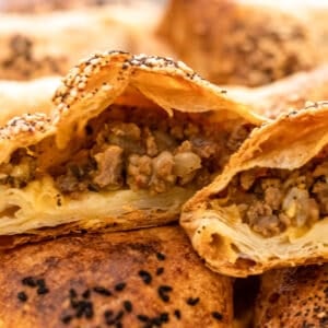 Turkish pastries called "Kiymali borek (meat borek) made with yufka and mince