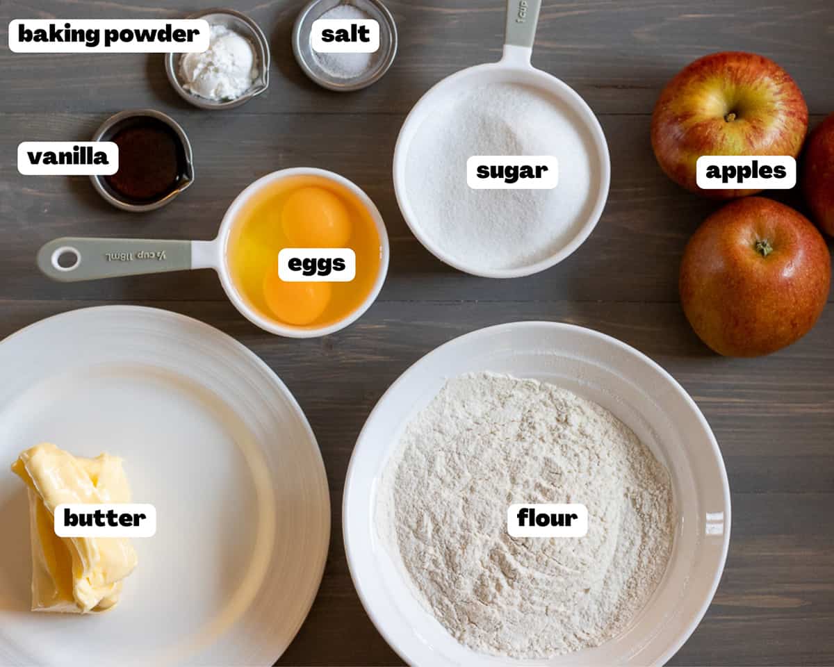 labelled picture of ingredients for easy apple crumble cake