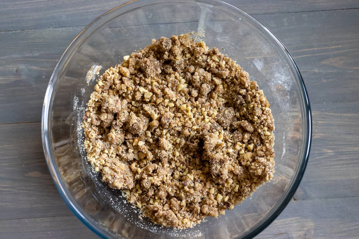 chopped walnuts are added to the crumble