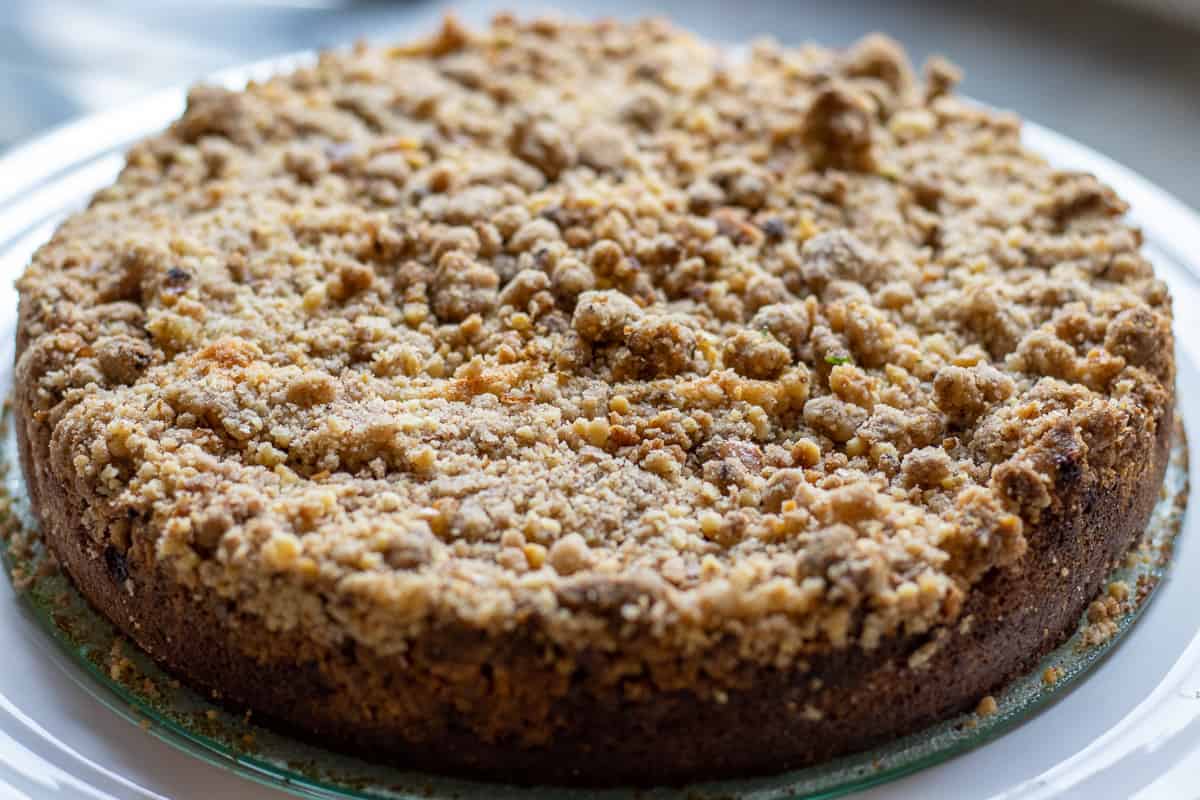 apple crumb cake is baked until the crumble is golden brown