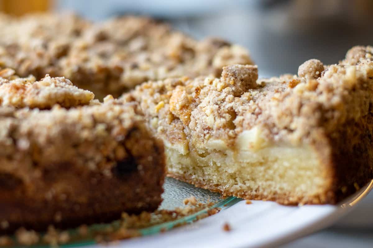 a slice of apple crumble cake