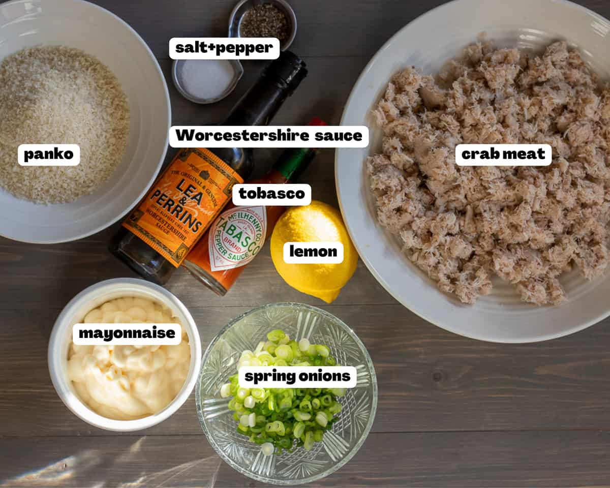 Labelled picture of ingredients for crab cakes