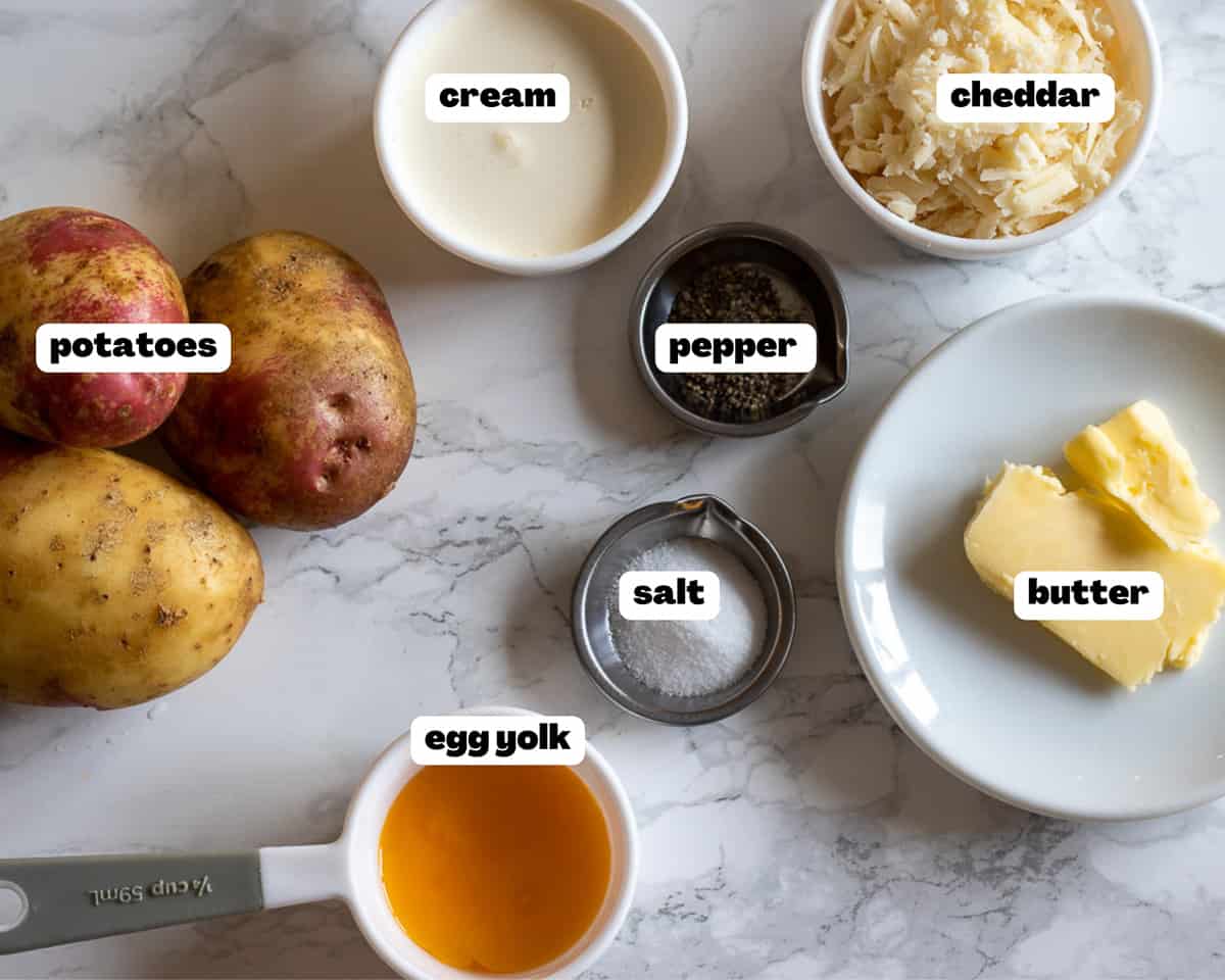 Labelled picture of ingredients for mashed potatoes to top turkey shepherd's pie
