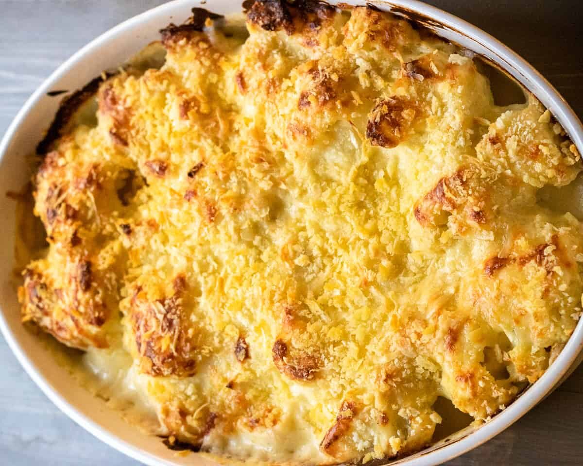 Cauliflower cheese baked until golden and crispy