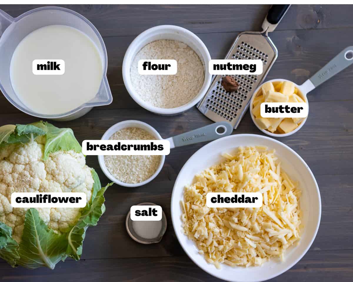 Labelled picture of ingredients for cheesy cauliflower bake