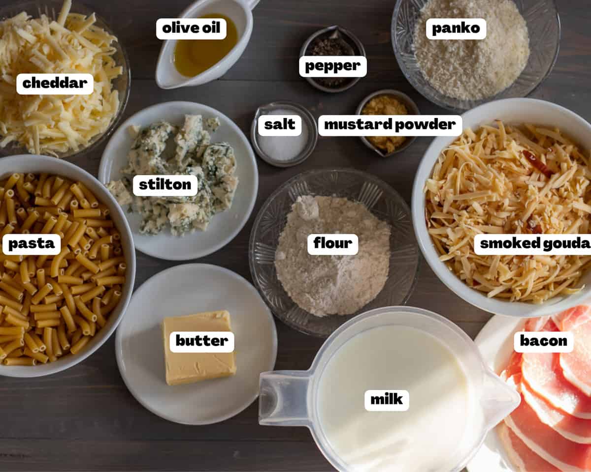 Labelled picture of ingredients for smoked gouda Mac and cheese