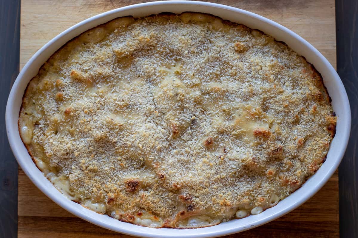 smoked gouda Mac and cheese is baked until slightly browned