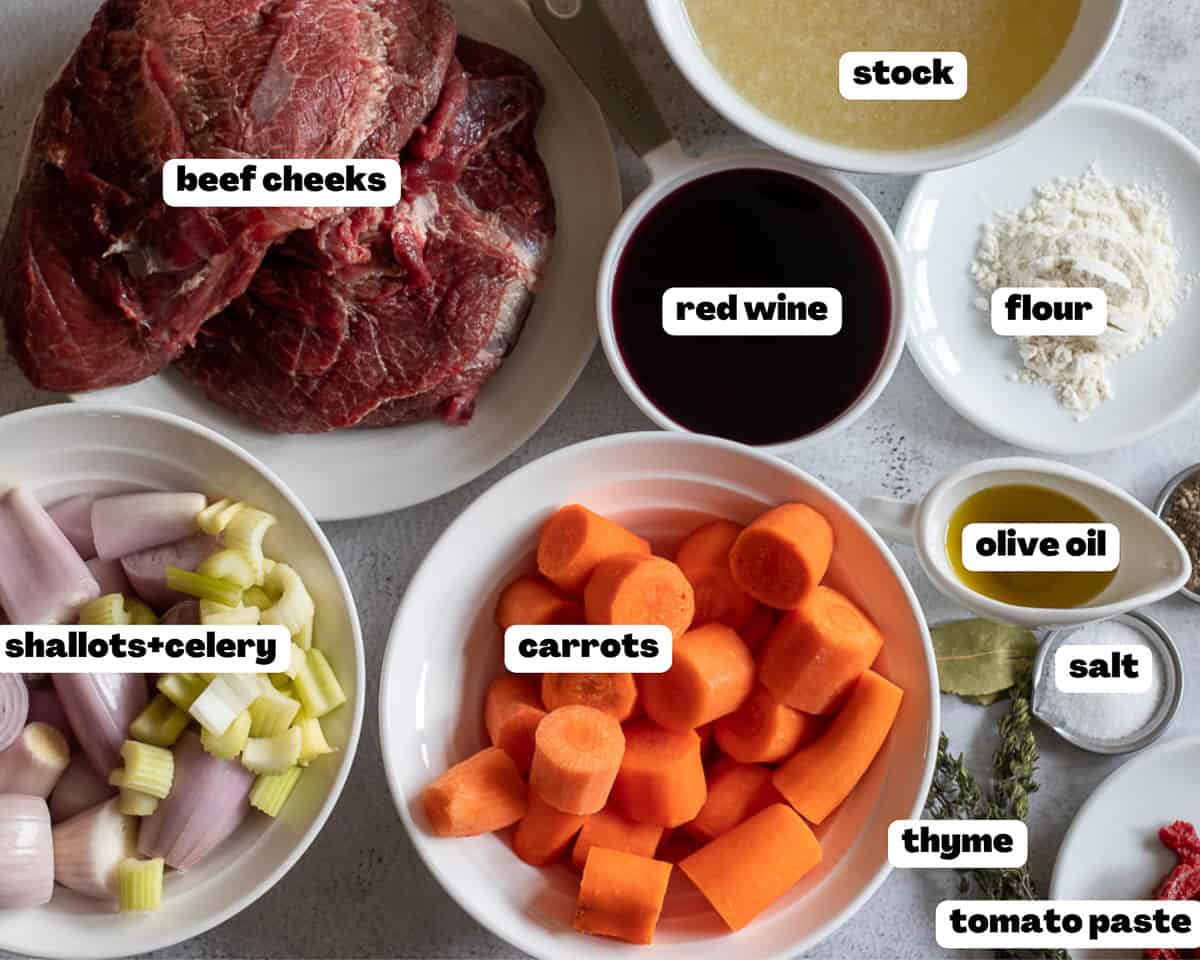 labeled picture of ingredients for braised beef cheeks