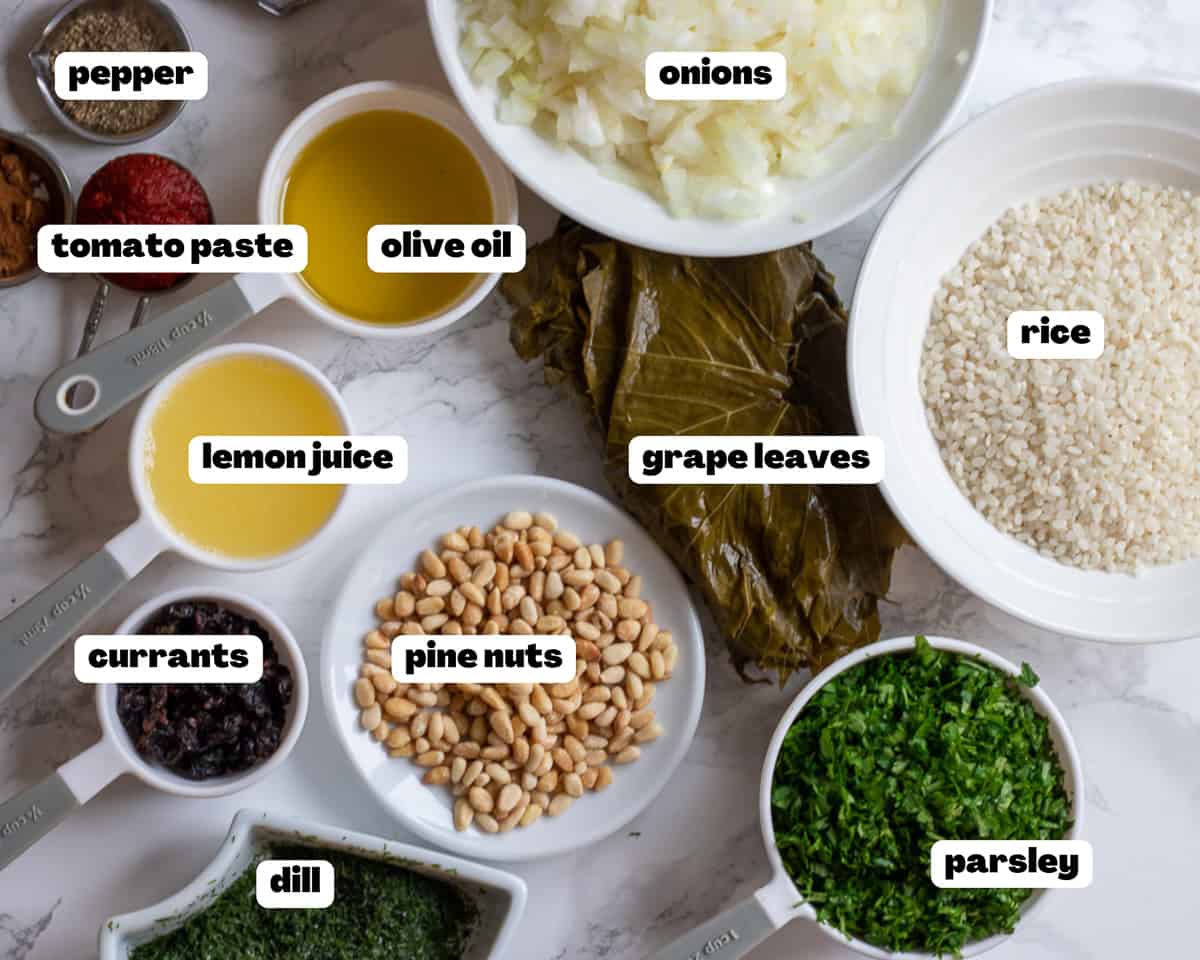 Labelled picture of ingredients for Yaprak Sarma - stuffed grape leaves