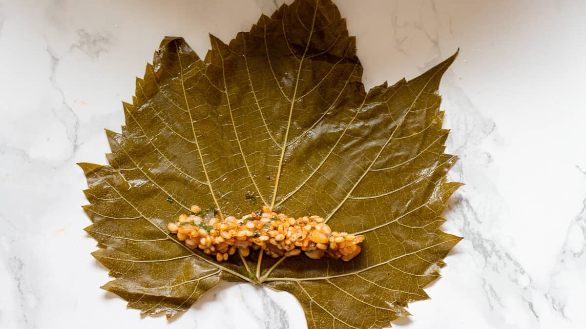 1 tablespoon of rice filling is placed on grape leave