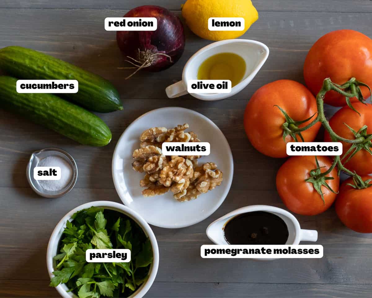 Labelled picture of ingredients for Gavurdagi Salatasi - Turkish tomato walnut salad