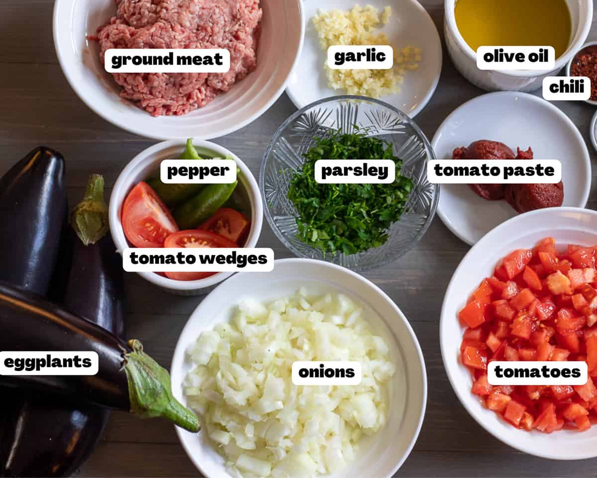 Labelled picture of ingredients for Karniyarik - Stuffed aubergine with mince