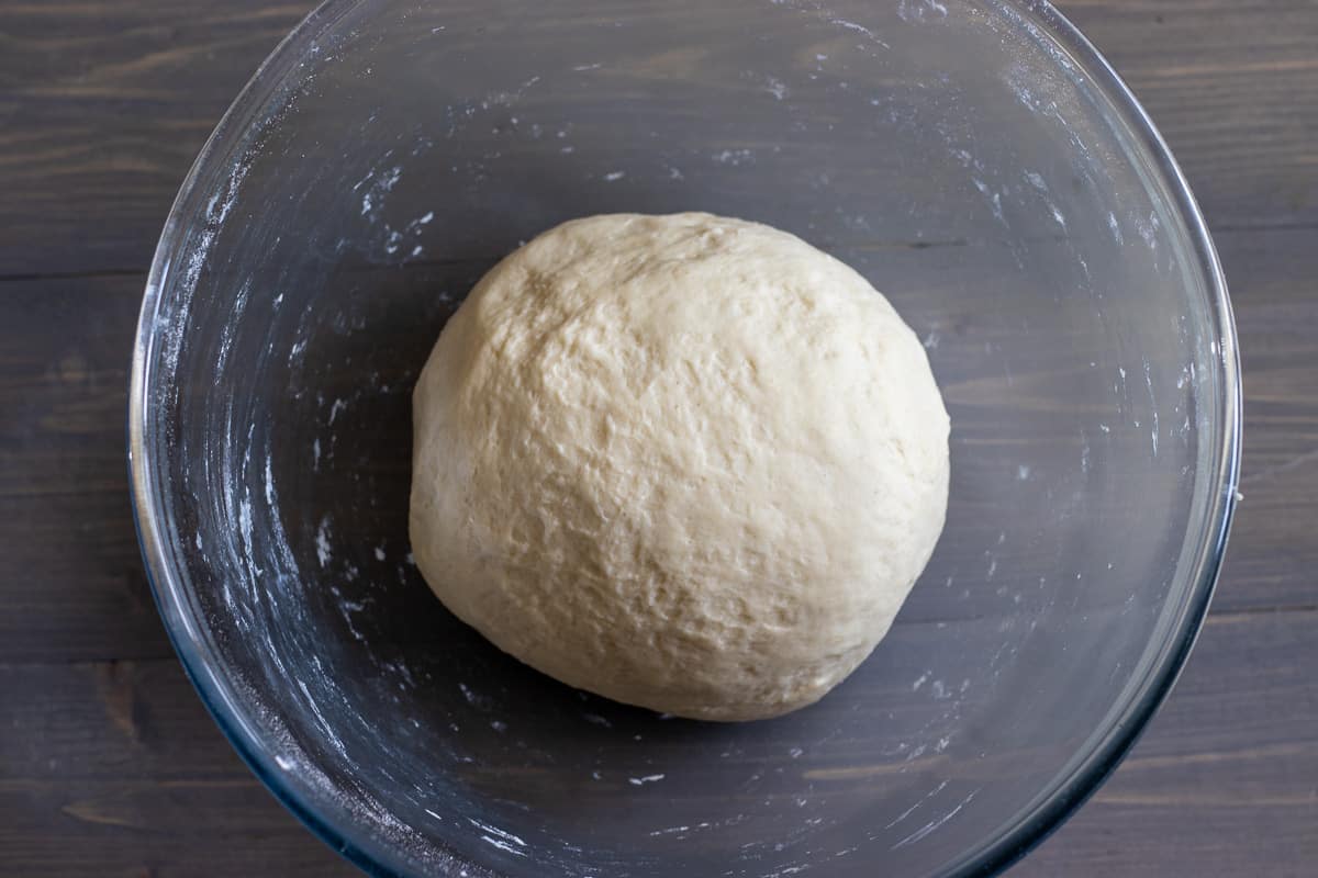 lahmacun dough in a glass bowl