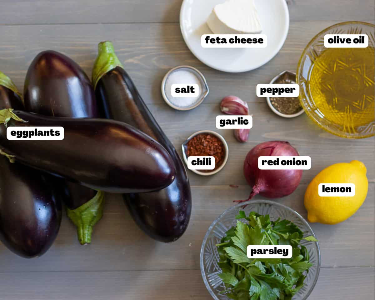 Labelled picture of ingredients for melitzanosalata (Greek Eggplant Dip)
