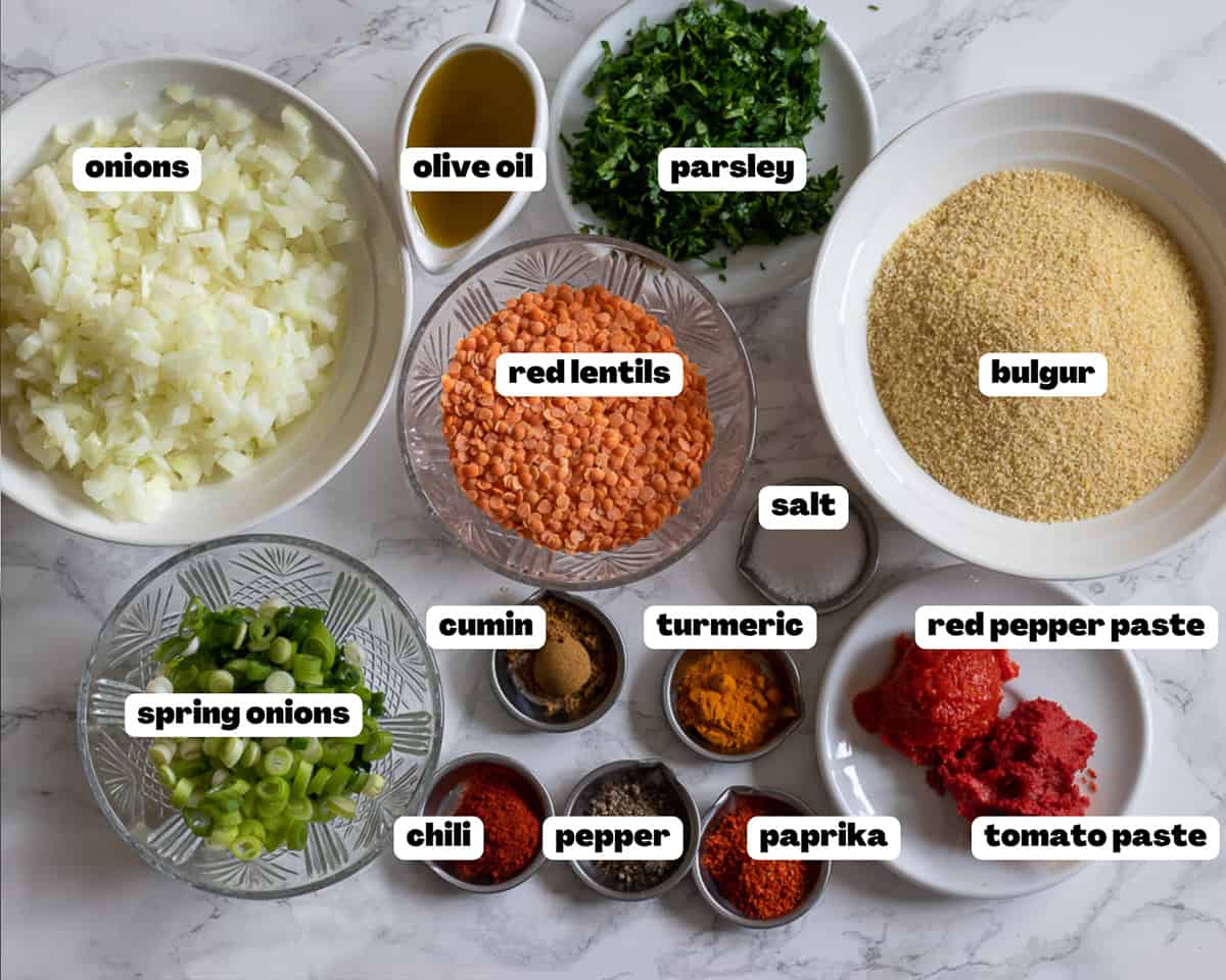 Labelled picture of ingredients for mermen Koftesi vegan lentil meatballs