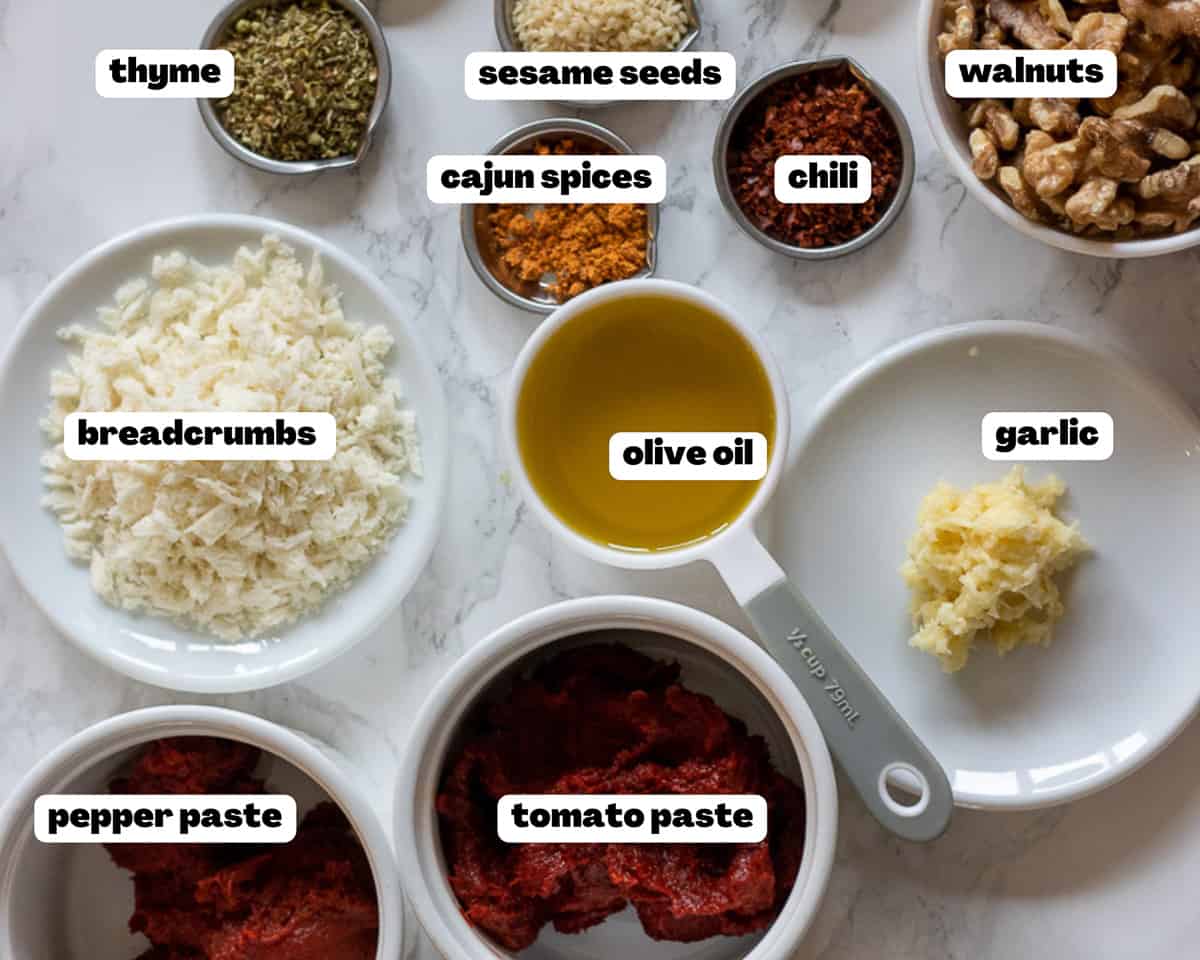 labelled picture of ingredients for muhammara - acuka (red pepper dip)