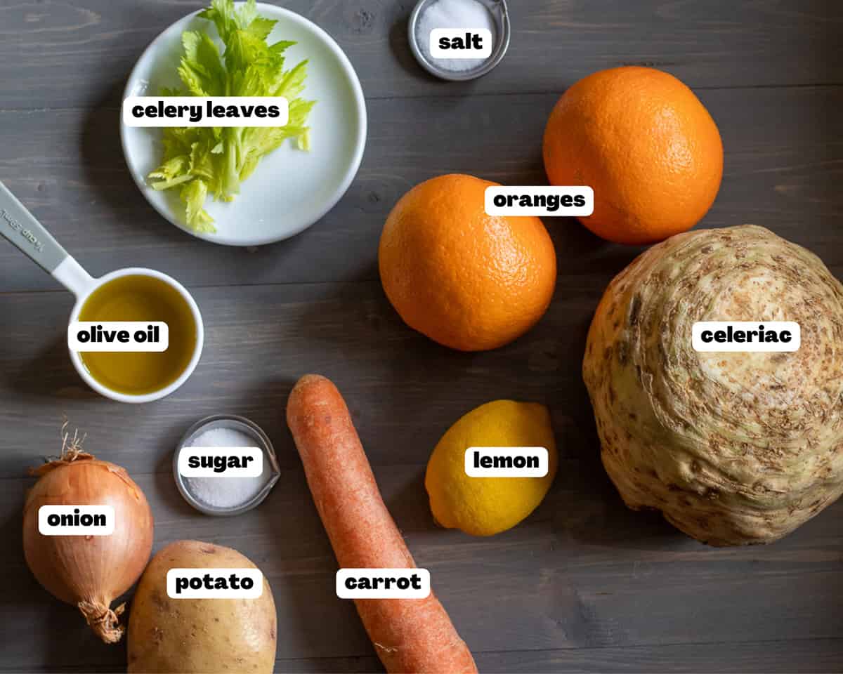 labelled picture of ingredients for Zeytinyagli kereviz Yemegi - braised celeriac
