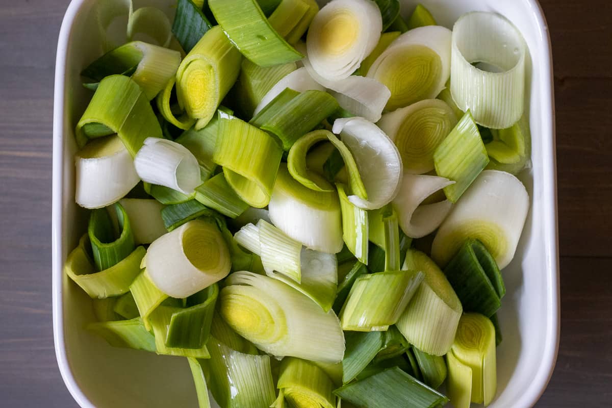 sliced and washed leeks on a plate