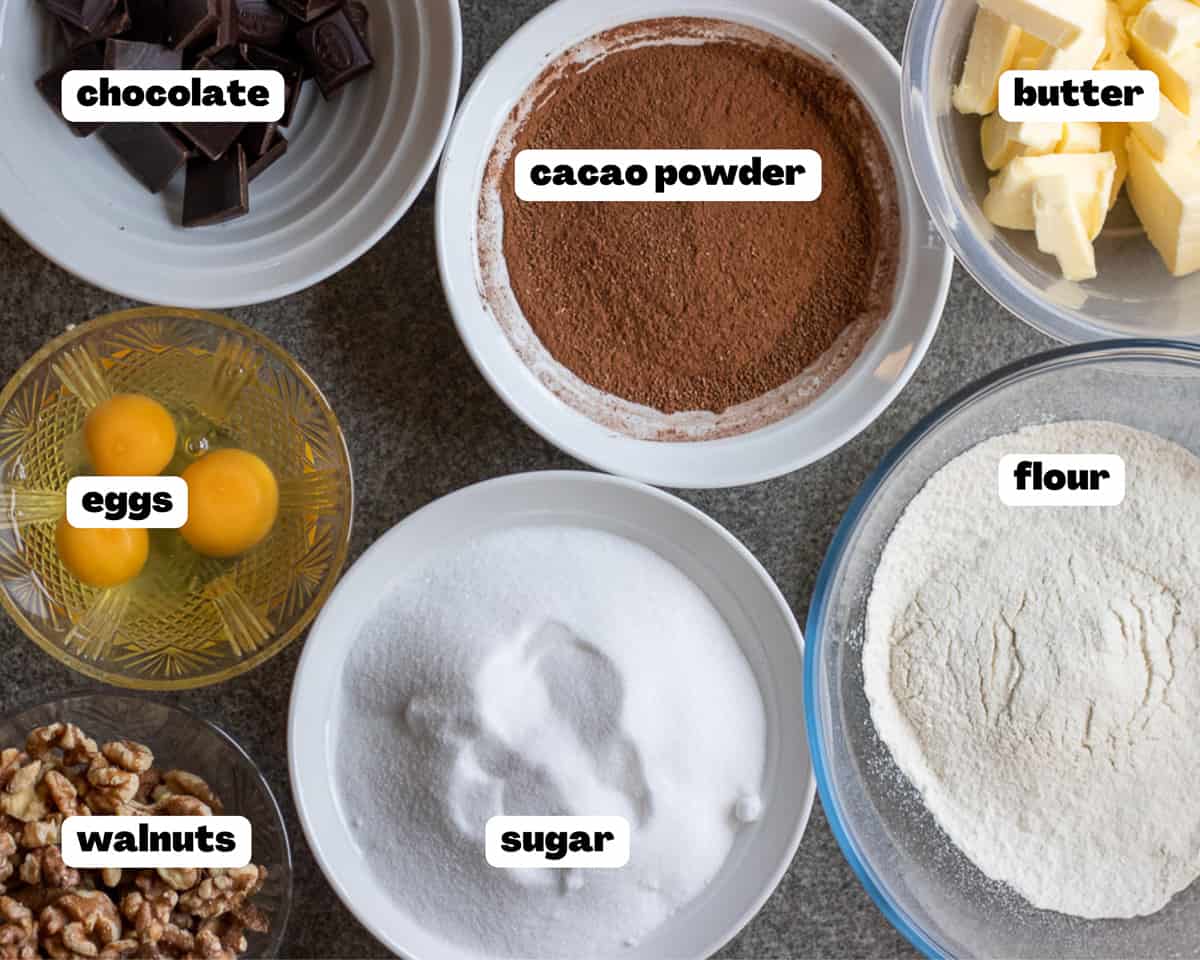 Labelled picture of ingredients for fudge dark chocolate brownies