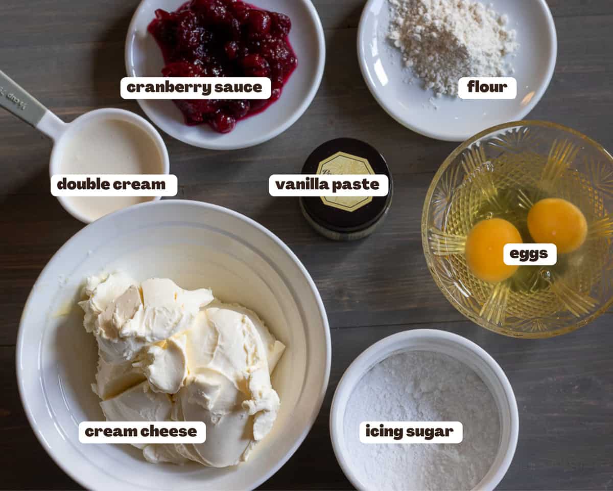 Labelled picture of ingredients for cranberry cheesecake